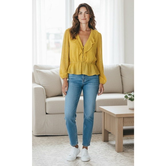 FAVLUX Tops - Favlux Fashion Blouse Sz L Long Balloon Sleeve V-Neck Textured Top Mustard